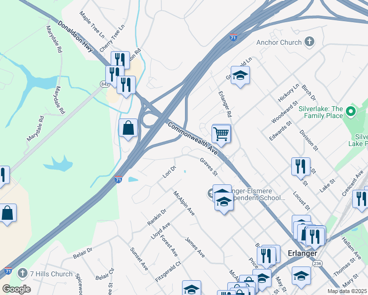 map of restaurants, bars, coffee shops, grocery stores, and more near 550 Michelle Circle in Erlanger