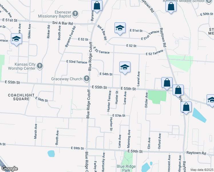 map of restaurants, bars, coffee shops, grocery stores, and more near 8900 East 55th Street in Raytown