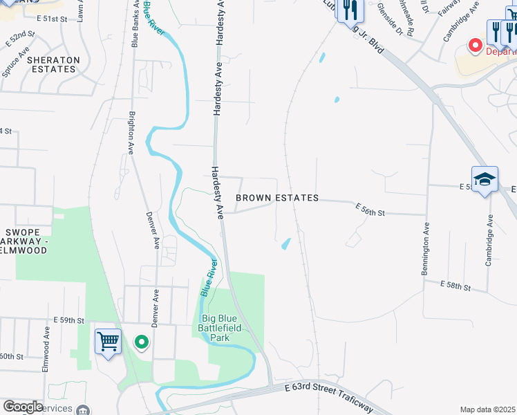 map of restaurants, bars, coffee shops, grocery stores, and more near 5624 East 56th Street in Kansas City