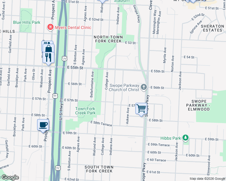 map of restaurants, bars, coffee shops, grocery stores, and more near 5612 Indiana Avenue in Kansas City