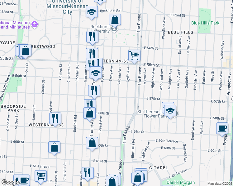 map of restaurants, bars, coffee shops, grocery stores, and more near 5631 Virginia Avenue in Kansas City