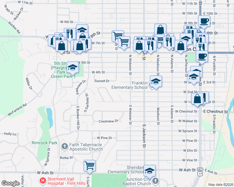 map of restaurants, bars, coffee shops, grocery stores, and more near 10 Riley Manor in Junction City