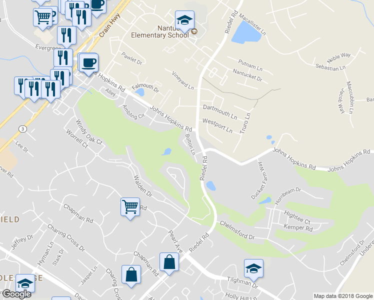 map of restaurants, bars, coffee shops, grocery stores, and more near 1536 Falstone Lane in Crofton