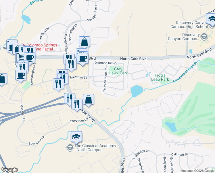 map of restaurants, bars, coffee shops, grocery stores, and more near 975 Diamond Rim Drive in Colorado Springs