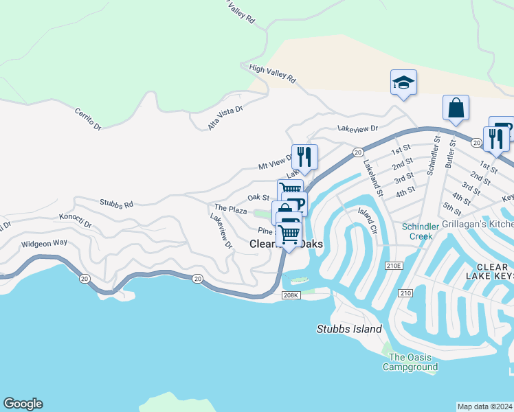 map of restaurants, bars, coffee shops, grocery stores, and more near 12474 The Plaza in Clearlake Oaks