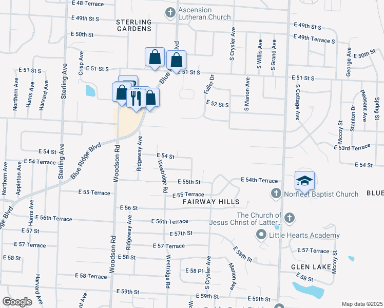 map of restaurants, bars, coffee shops, grocery stores, and more near 12106 East 54 Street in Kansas City