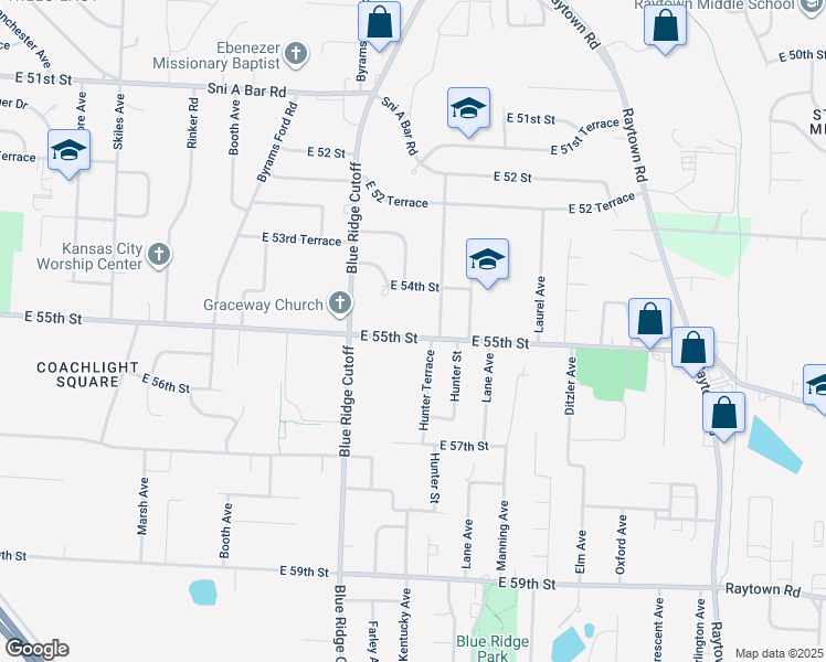 map of restaurants, bars, coffee shops, grocery stores, and more near 8900 East 55th Street in Raytown