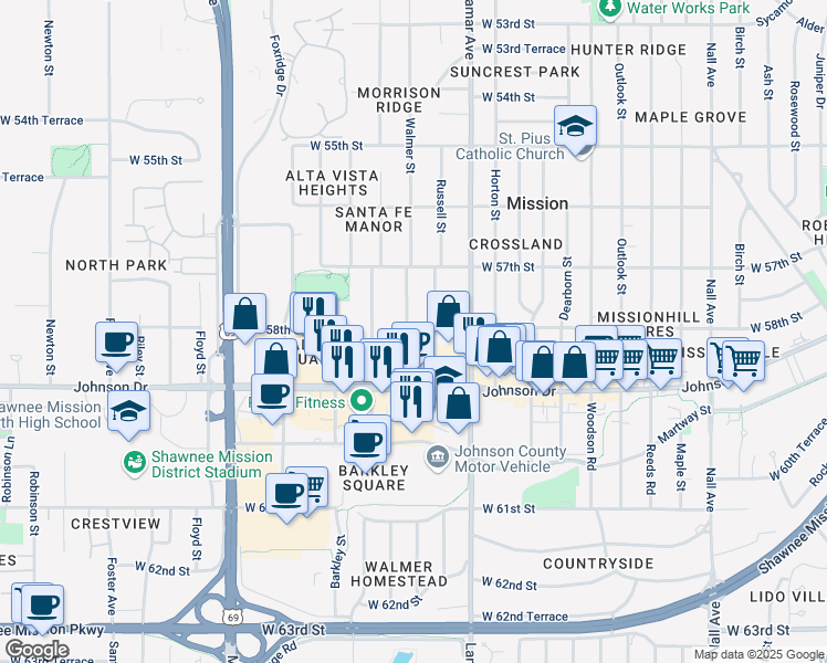 map of restaurants, bars, coffee shops, grocery stores, and more near 5801 Walmer Street in Mission
