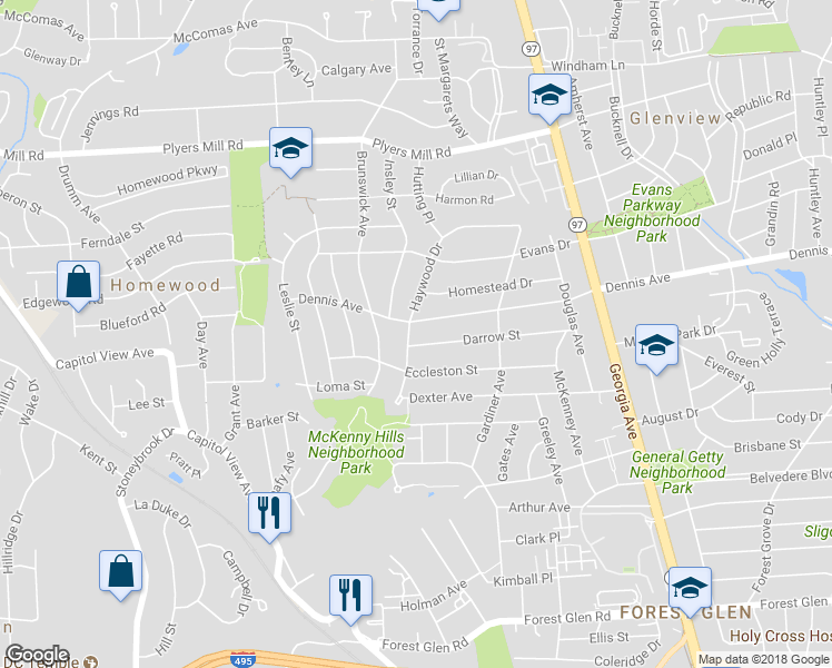 map of restaurants, bars, coffee shops, grocery stores, and more near 10215 Haywood Drive in Silver Spring