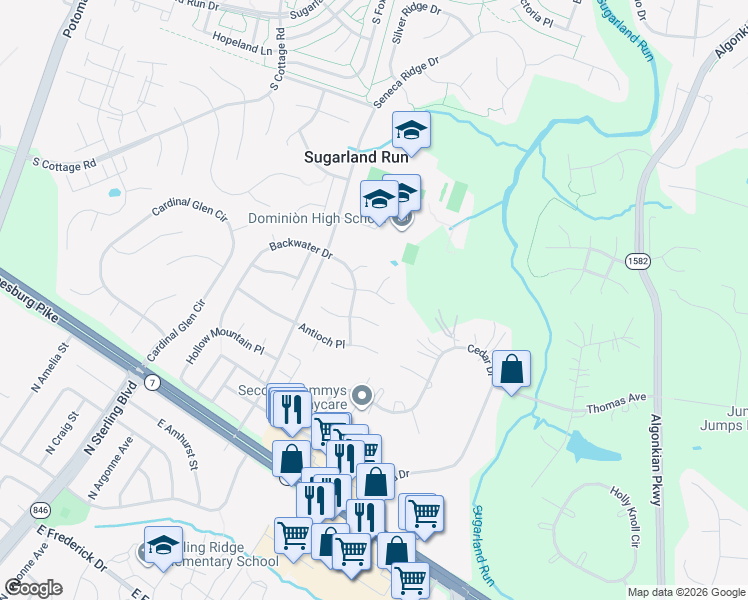 map of restaurants, bars, coffee shops, grocery stores, and more near 46933 Buckskin Pl in Sterling