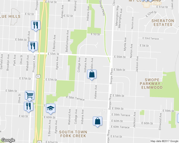 map of restaurants, bars, coffee shops, grocery stores, and more near 5616 Bales Avenue in Kansas City