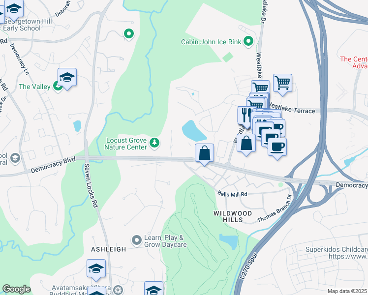 map of restaurants, bars, coffee shops, grocery stores, and more near 7501 Democracy Boulevard in Bethesda