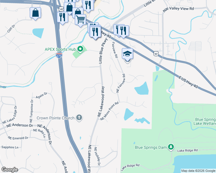 map of restaurants, bars, coffee shops, grocery stores, and more near 6117 Northeast Upper Wood Road in Lee's Summit
