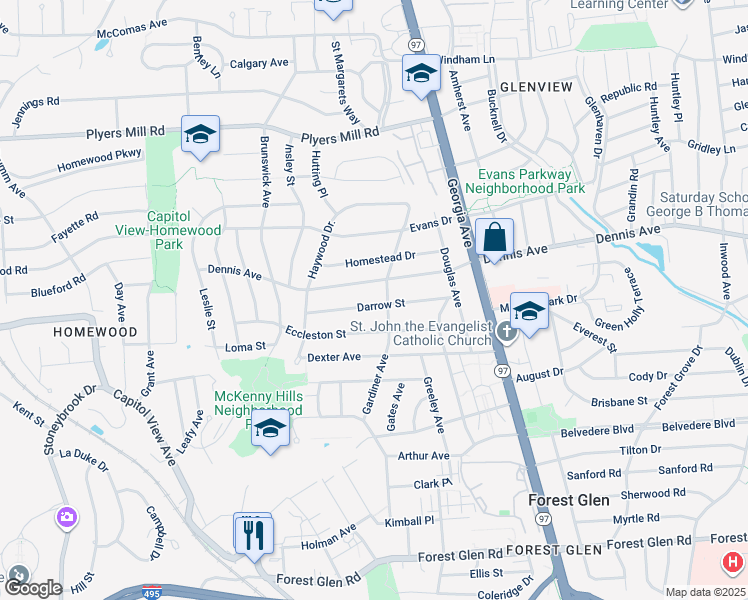 map of restaurants, bars, coffee shops, grocery stores, and more near 2403 Darrow Street in Silver Spring