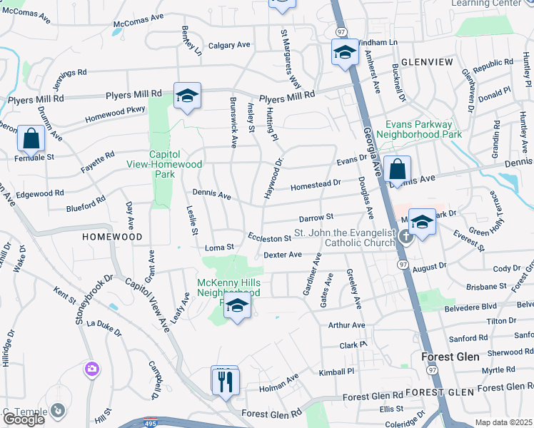 map of restaurants, bars, coffee shops, grocery stores, and more near 10215 Haywood Drive in Silver Spring