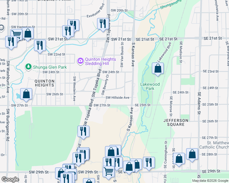 map of restaurants, bars, coffee shops, grocery stores, and more near 305 Southwest Country Club Drive in Topeka