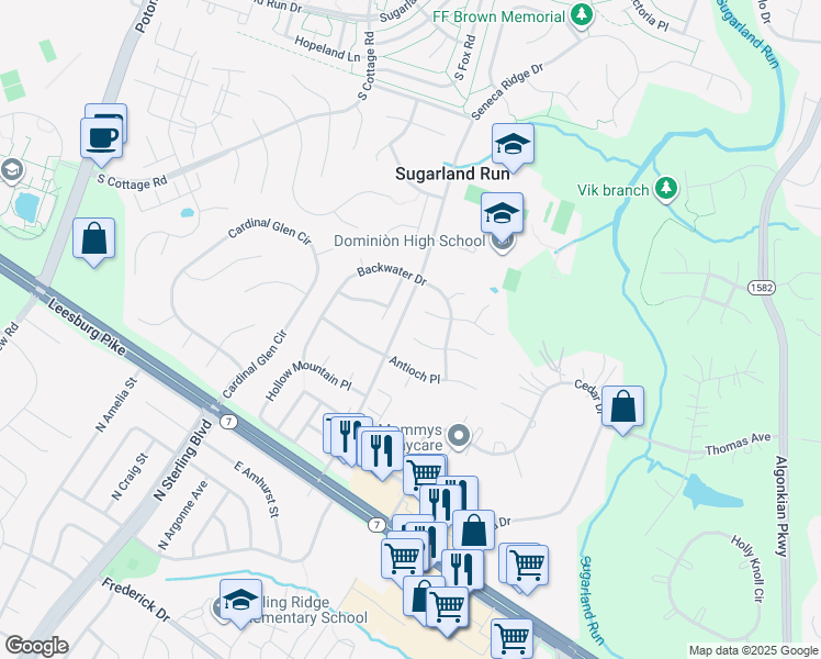 map of restaurants, bars, coffee shops, grocery stores, and more near 46890 Wesleyan Court in Sterling
