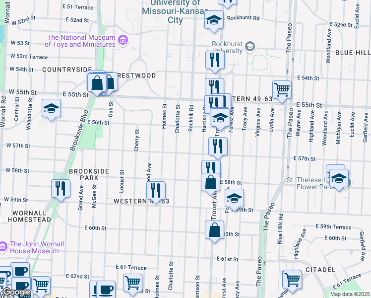 map of restaurants, bars, coffee shops, grocery stores, and more near 5638 Rockhill Road in Kansas City