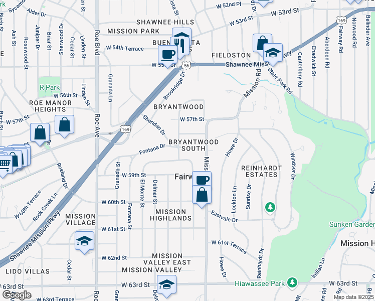 map of restaurants, bars, coffee shops, grocery stores, and more near 4001 West 58th Street in Fairway