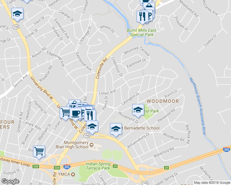map of restaurants, bars, coffee shops, grocery stores, and more near 10501 Lorain Avenue in Silver Spring