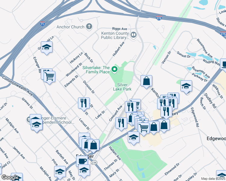map of restaurants, bars, coffee shops, grocery stores, and more near 3149 Place Street in Erlanger