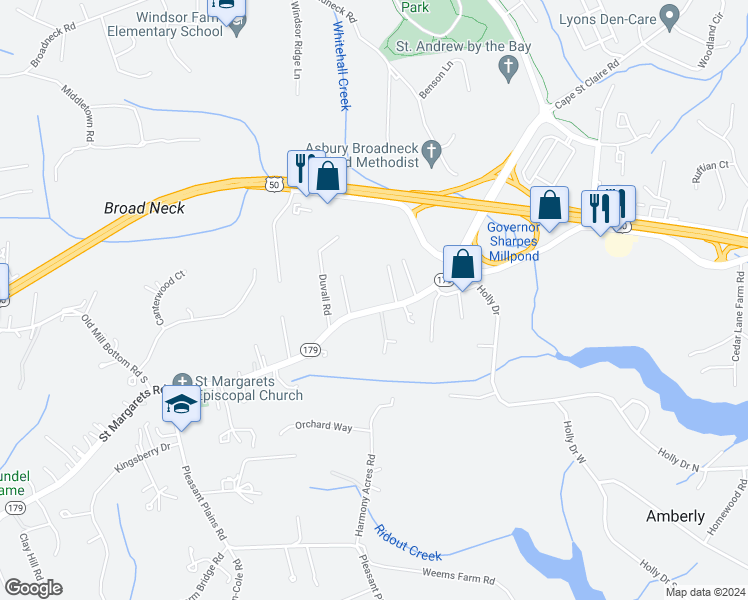 map of restaurants, bars, coffee shops, grocery stores, and more near 1572 Saint Margarets Road in Annapolis