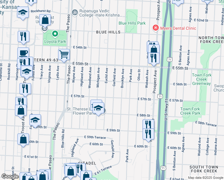 map of restaurants, bars, coffee shops, grocery stores, and more near 5624 Garfield Avenue in Kansas City