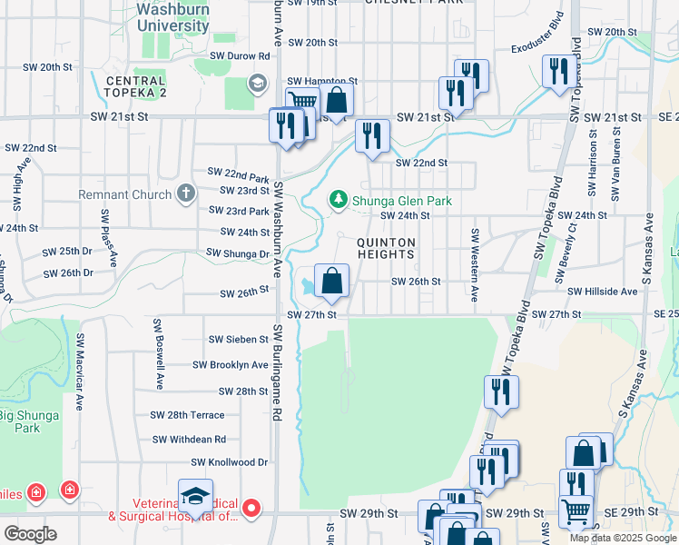 map of restaurants, bars, coffee shops, grocery stores, and more near 2536 Southwest Lincoln Street in Topeka