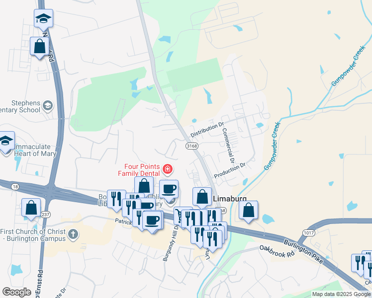 map of restaurants, bars, coffee shops, grocery stores, and more near 5637 Limaburg Road in Burlington