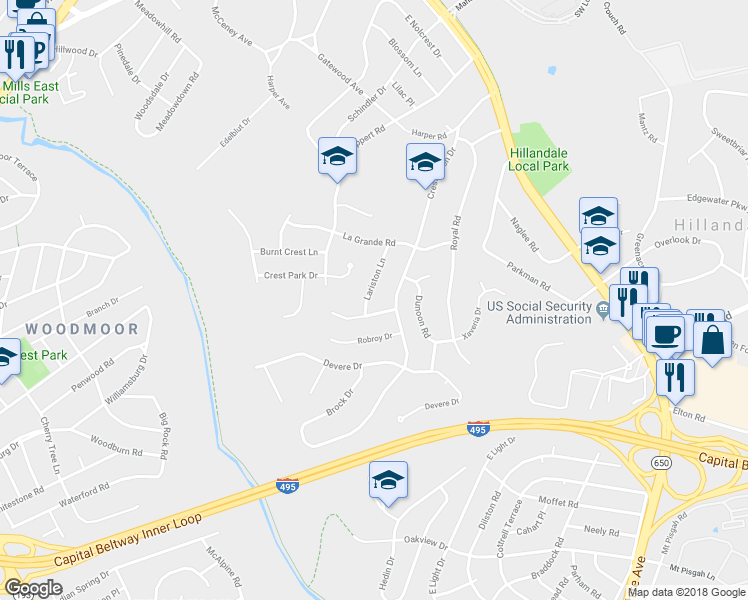 map of restaurants, bars, coffee shops, grocery stores, and more near 10203 Lariston Lane in Silver Spring