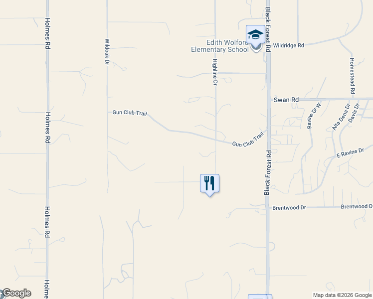 map of restaurants, bars, coffee shops, grocery stores, and more near 13230 Highline Drive in Colorado Springs