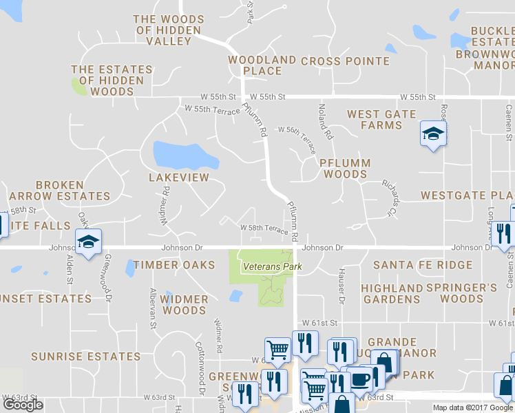 map of restaurants, bars, coffee shops, grocery stores, and more near 5805 Park Circle in Shawnee