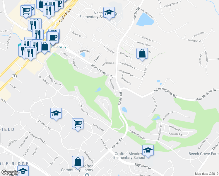map of restaurants, bars, coffee shops, grocery stores, and more near 1532 Falstone Lane in Crofton