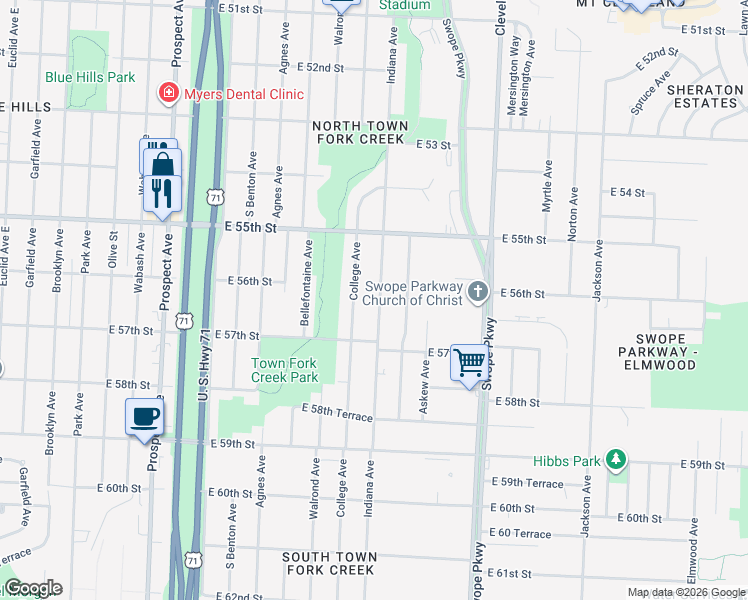 map of restaurants, bars, coffee shops, grocery stores, and more near 5612 Indiana Avenue in Kansas City