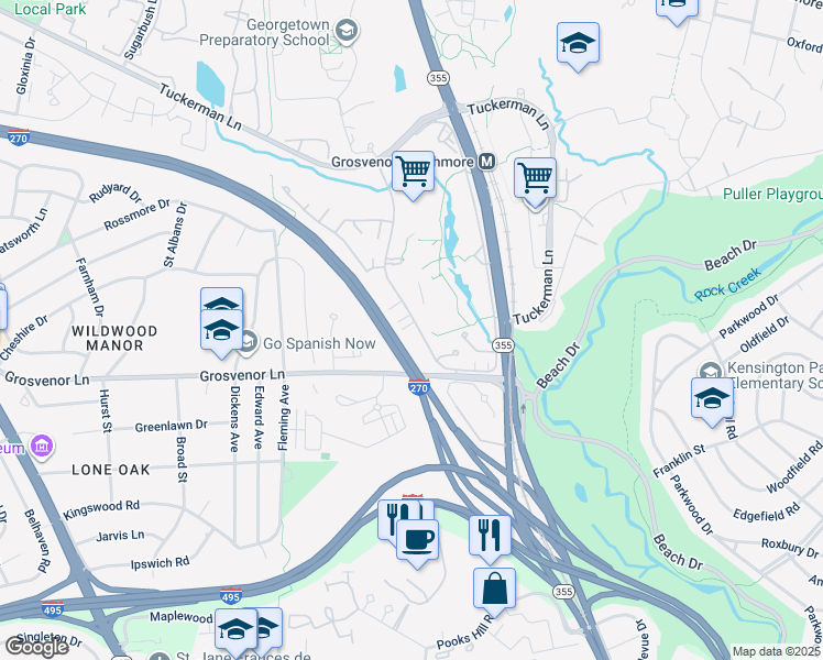 map of restaurants, bars, coffee shops, grocery stores, and more near 10276 Grosvenor Place in Rockville
