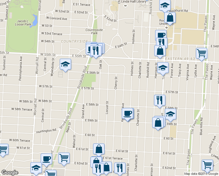 map of restaurants, bars, coffee shops, grocery stores, and more near 5642 Locust Street in Kansas City