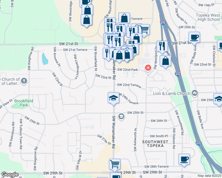 map of restaurants, bars, coffee shops, grocery stores, and more near 6009 Southwest 23rd Terrace in Topeka