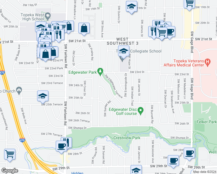 map of restaurants, bars, coffee shops, grocery stores, and more near 2333 Southwest Edgewater Terrace in Topeka