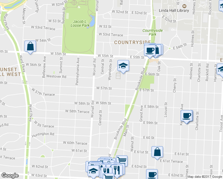 map of restaurants, bars, coffee shops, grocery stores, and more near 45 West 57th Street in Kansas City