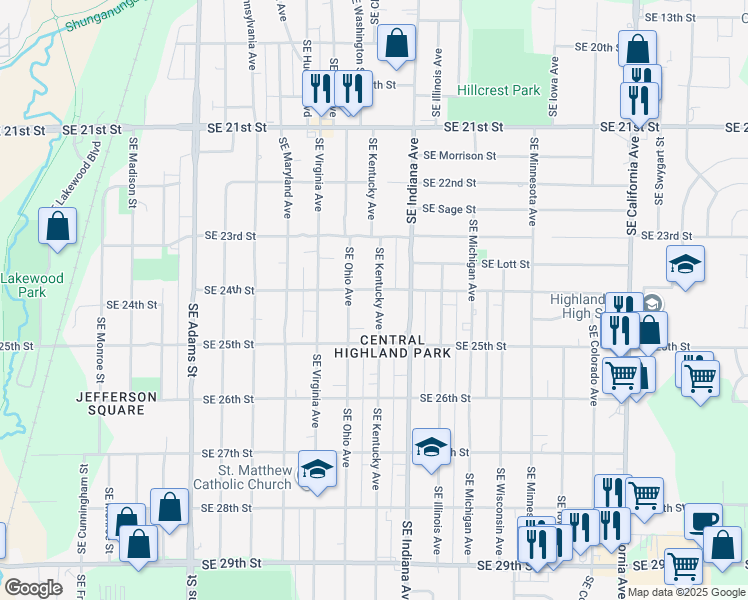 map of restaurants, bars, coffee shops, grocery stores, and more near 2405 Southeast Kentucky Avenue in Topeka