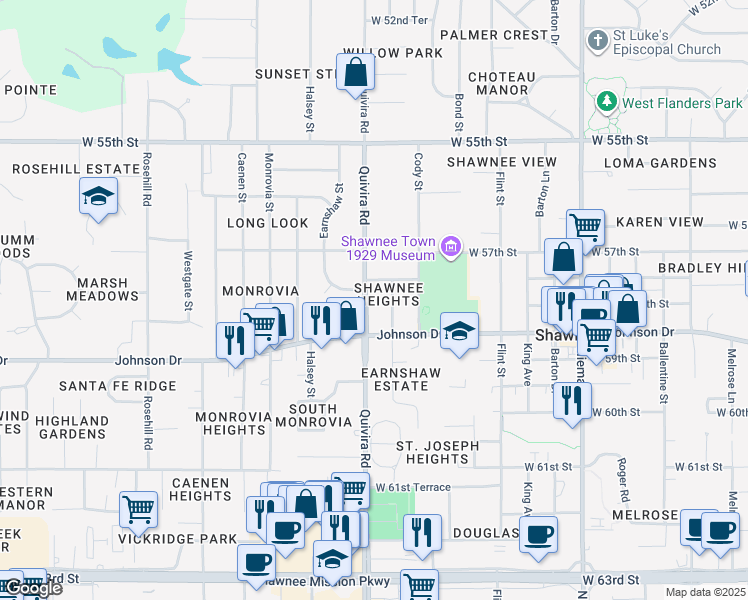 map of restaurants, bars, coffee shops, grocery stores, and more near 5741 Quivira Road in Shawnee