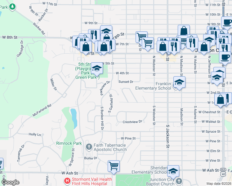 map of restaurants, bars, coffee shops, grocery stores, and more near 837 Garfield Circle in Junction City