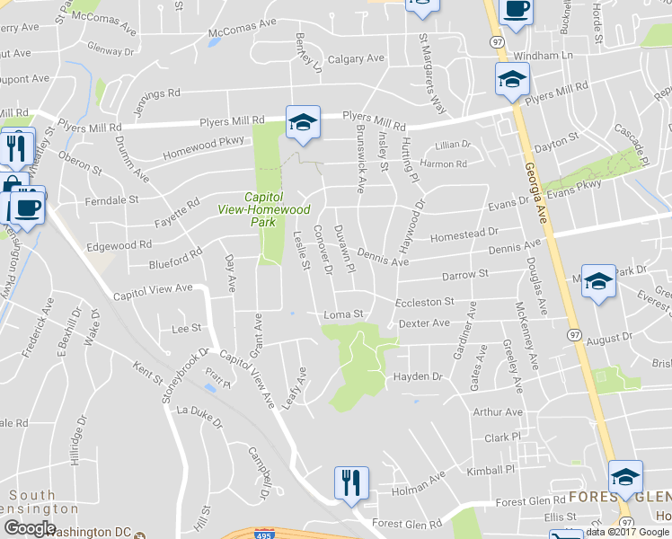 map of restaurants, bars, coffee shops, grocery stores, and more near 10217 Conover Drive in Silver Spring