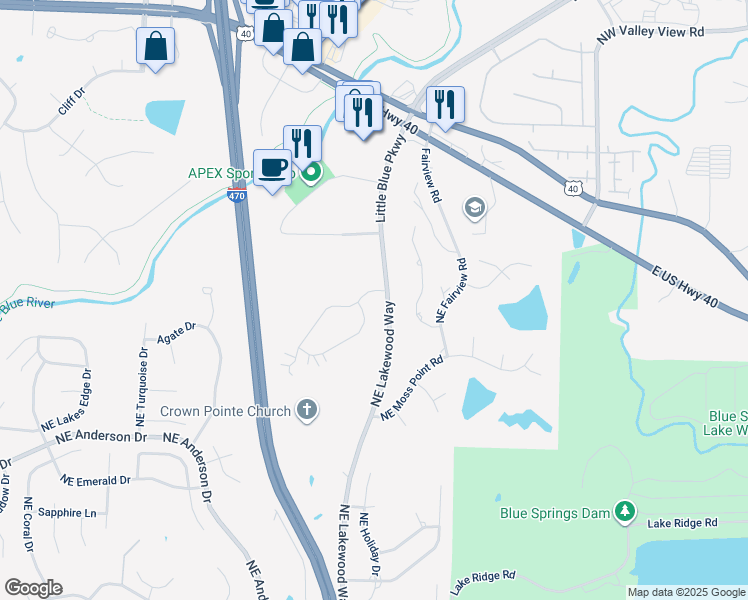 map of restaurants, bars, coffee shops, grocery stores, and more near 963 Northeast Devon Drive in Lee's Summit