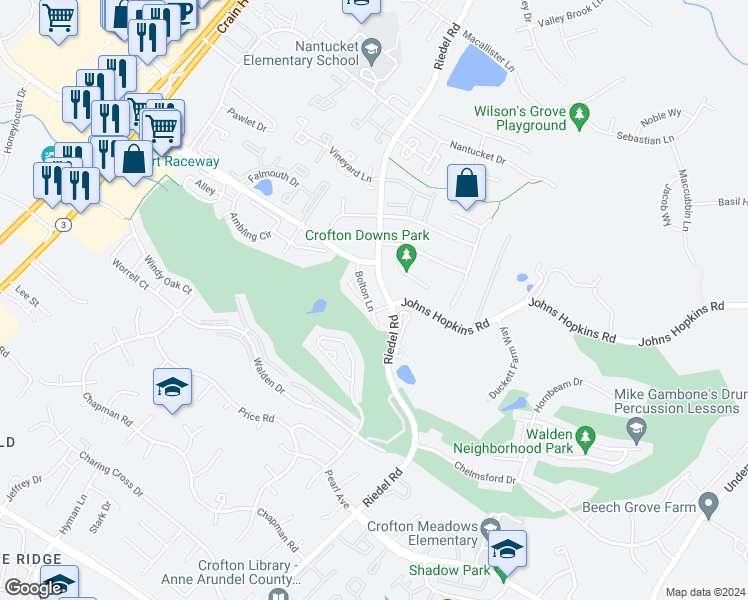 map of restaurants, bars, coffee shops, grocery stores, and more near 2431 Bolton Lane in Crofton