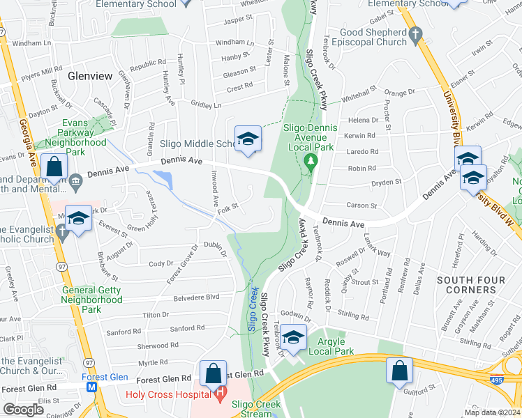 map of restaurants, bars, coffee shops, grocery stores, and more near 1405 Woodman Avenue in Silver Spring