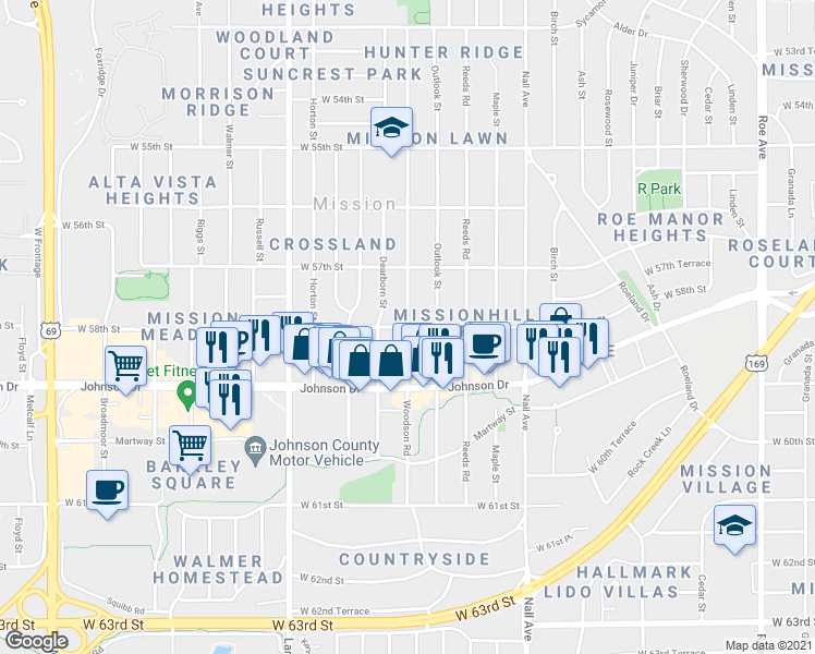 map of restaurants, bars, coffee shops, grocery stores, and more near Woodson Rd & W 58th St in Mission