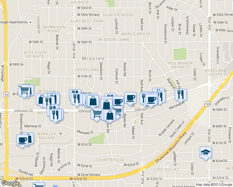 map of restaurants, bars, coffee shops, grocery stores, and more near W 58th St & Outlook St in Mission
