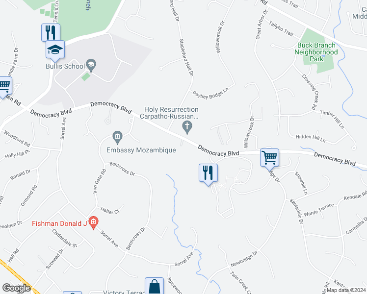 map of restaurants, bars, coffee shops, grocery stores, and more near 10230 Democracy Boulevard in Potomac