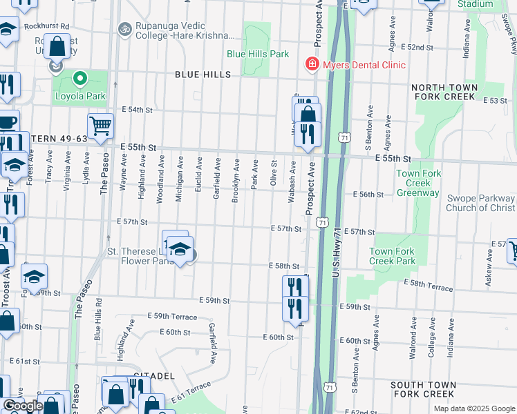 map of restaurants, bars, coffee shops, grocery stores, and more near 5617 Park Avenue in Kansas City